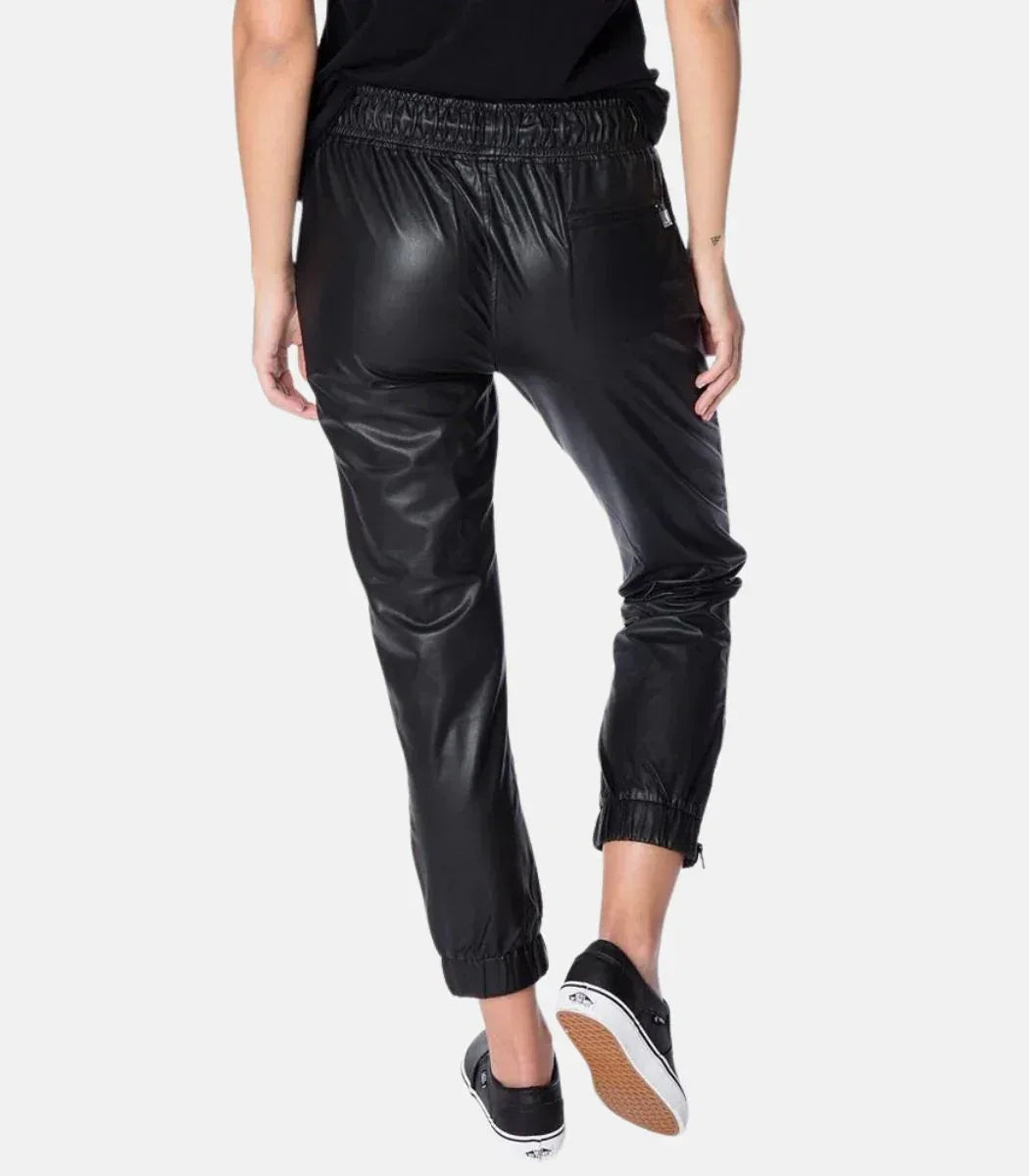 women genuine leather pants black slim fit ankle trousers