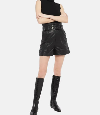 Genuine Leather Shorts Women High Waist A Line Belted Black