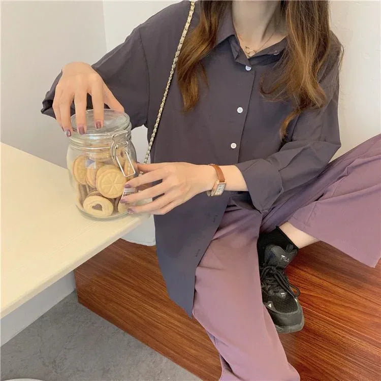 Oversized brown drop shoulder shirt women business casual button blouse 2 S
