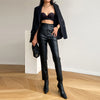Black high waisted straight leg faux leather pants women
