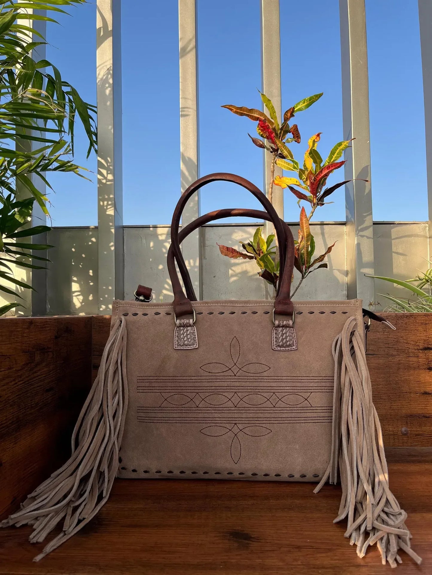 Suede Leather Tote for Women with Fringe Detailing