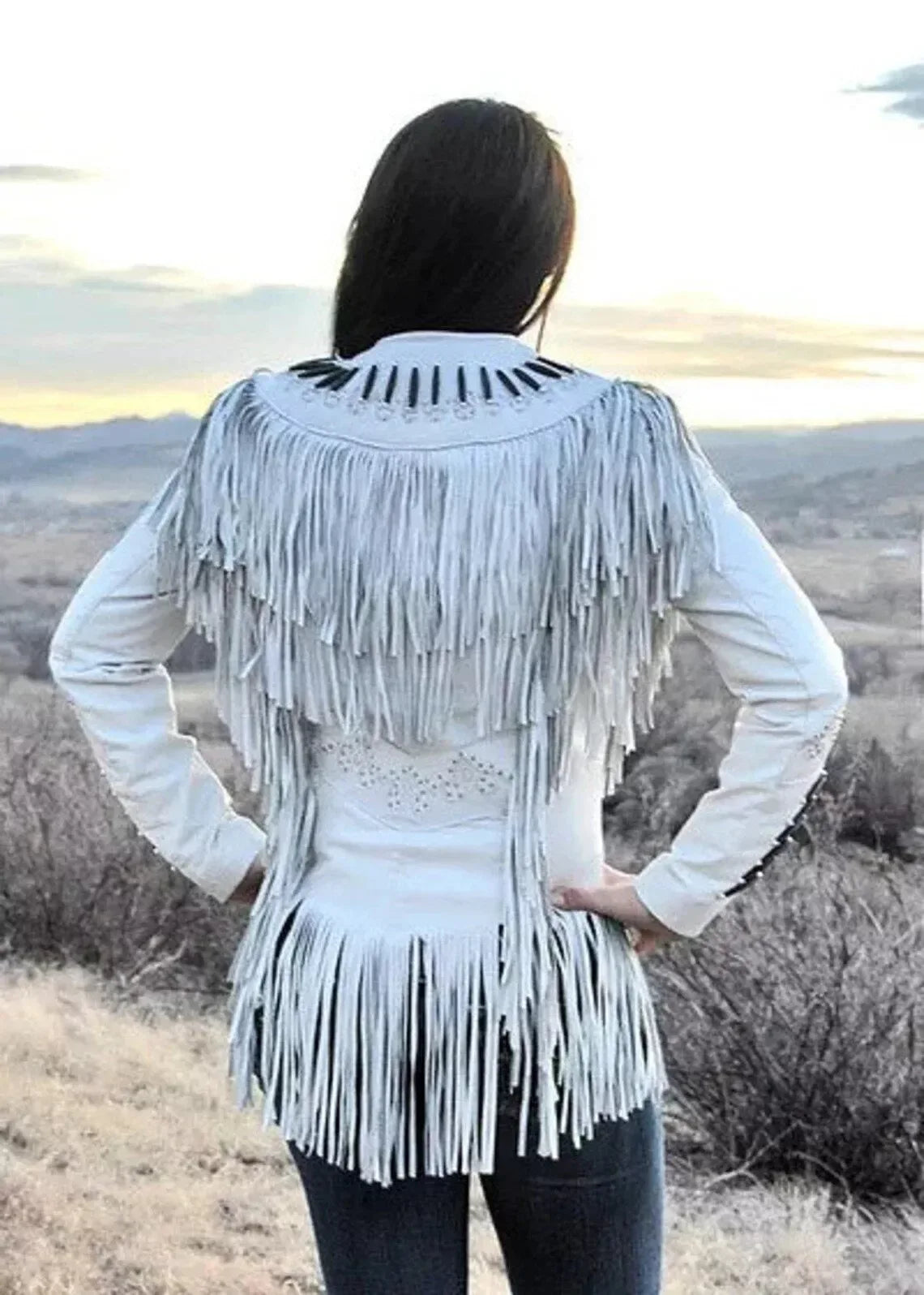 White Suede Fringe Jacket Womens Western Native American Style