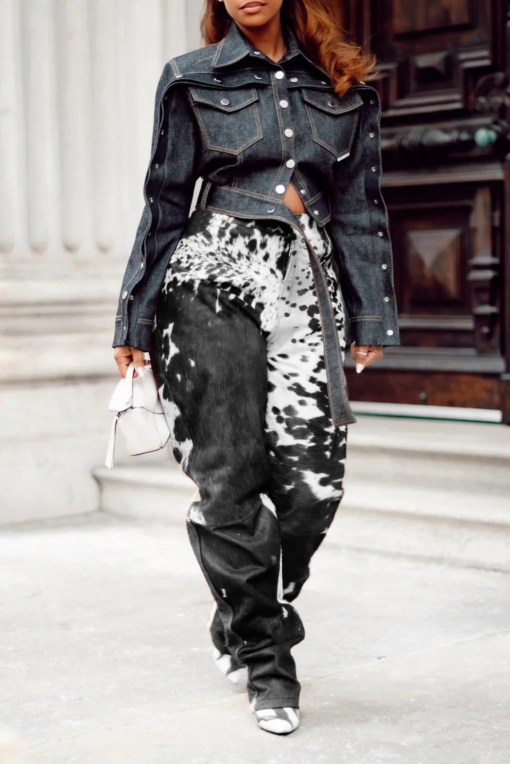 Cow print cowhide pants made from real cow skin. Ideal for southern outfits, ranchwear, and western events. Women's favorite for bold styling.

