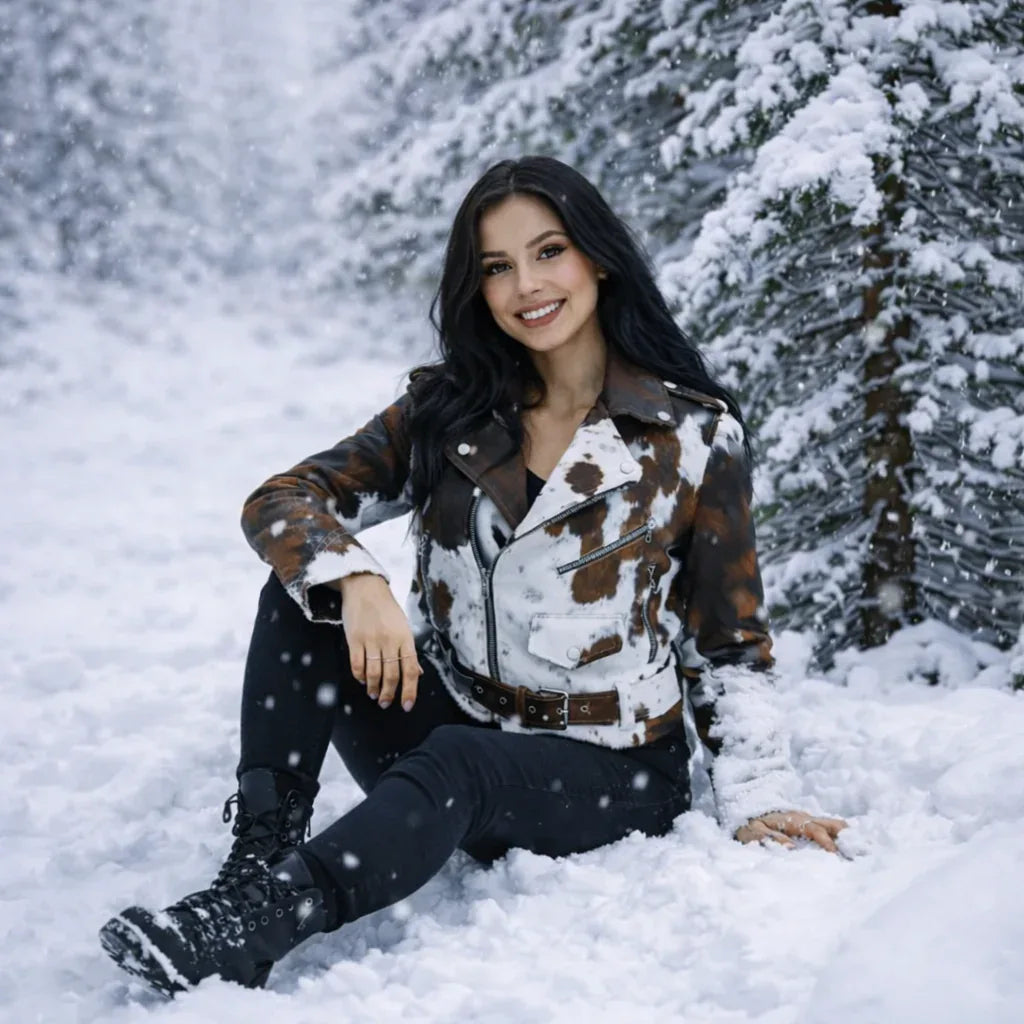 Western cowhide fur biker jacket for women western wear