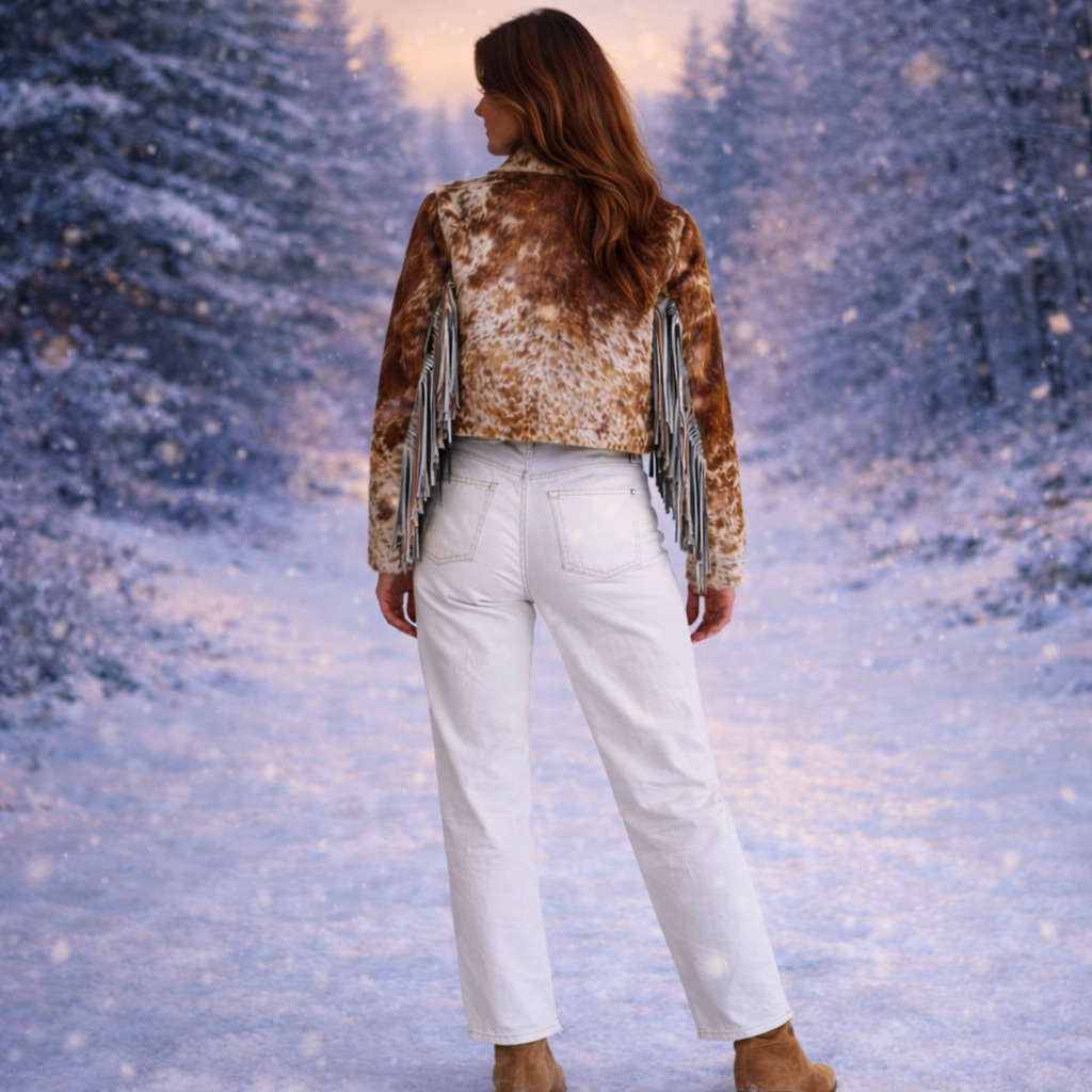 brown white cowhide jacket with fringe women