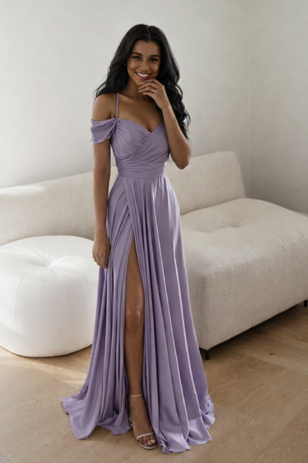 Lavender off shoulder prom dress with slit