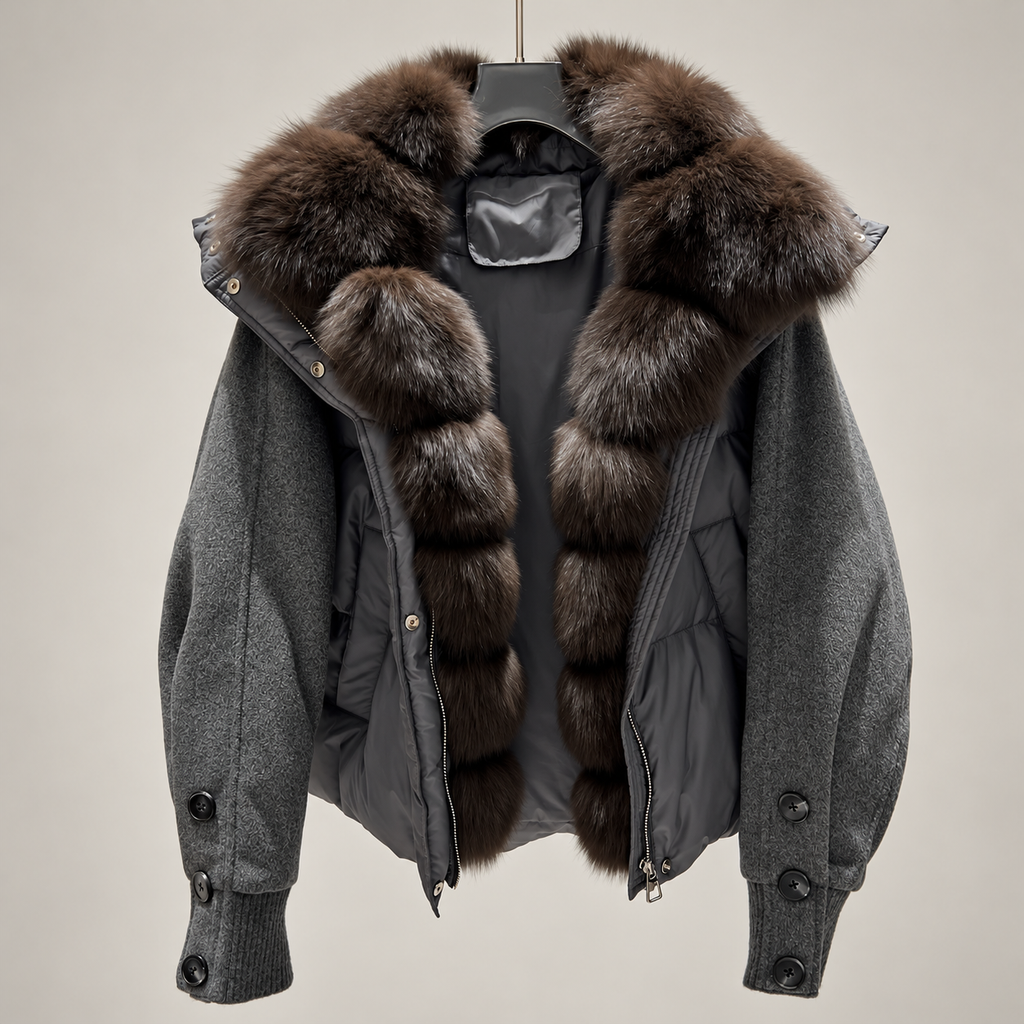 Fur Collar Jacket for Women with Duck Down and Wool Sleeves