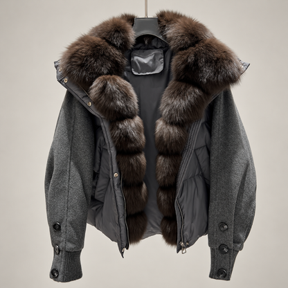 Fur Collar Jacket for Women with Duck Down and Wool Sleeves