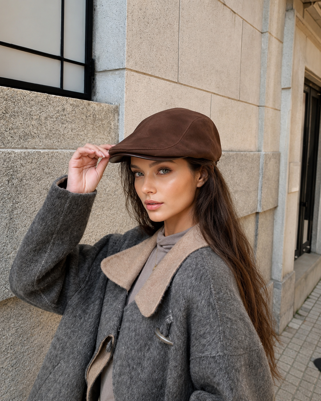 Women’s Genuine Leather Newsboy Cap Sheepskin Painter Hat