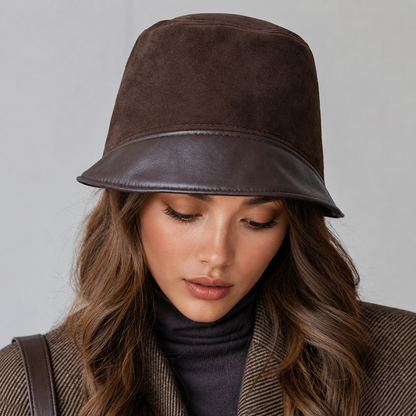 Women’s Genuine Leather Flat Top Bucket Hat