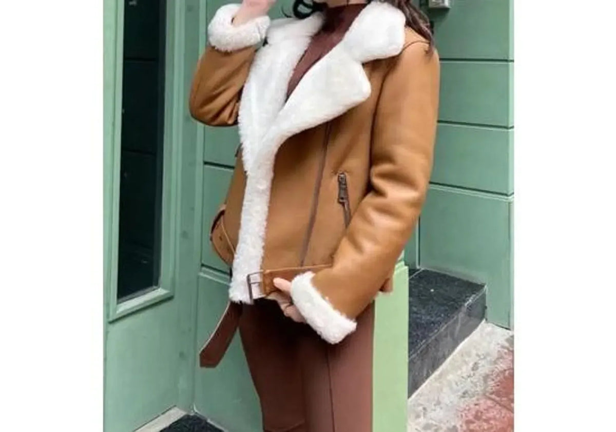 Shearling Leather Jacket for Women in Brown Sheepskin with Belt