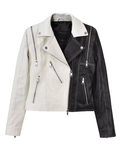 Women’s Black and White Leather Biker Jacket With Zip Details
