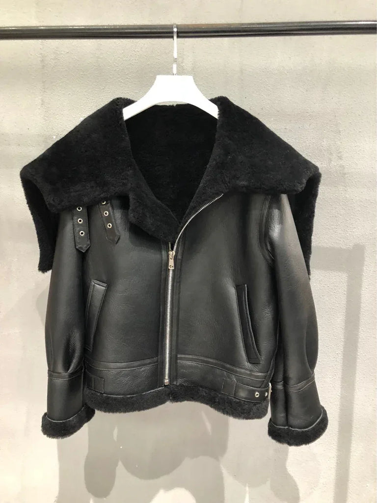 Women's Leather Bomber Jacket with Fur Collar in Black