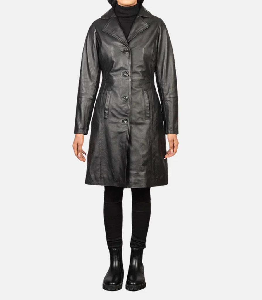 Womens Black Leather Trench Coat Long Genuine Leather Coat