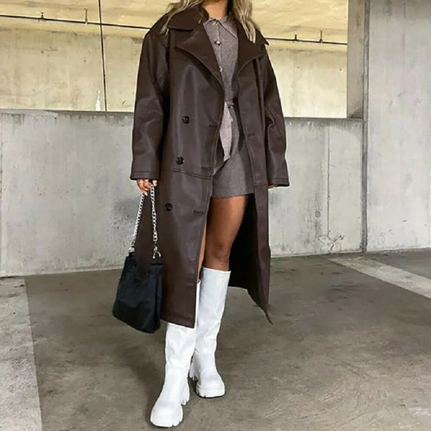 Womens Brown Leather Trench Coat Long Double Breasted