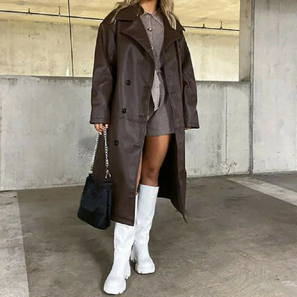 Womens Brown Leather Trench Coat Long Double Breasted