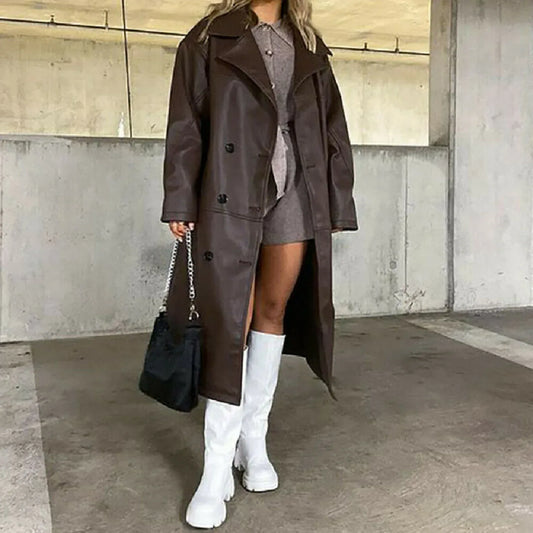 Womens Brown Leather Trench Coat Long Double Breasted