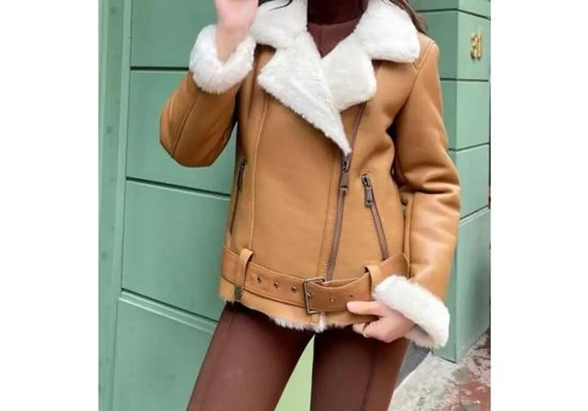 Shearling Leather Jacket for Women in Brown Sheepskin with Belt