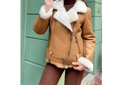 Shearling Leather Jacket for Women in Brown Sheepskin with Belt