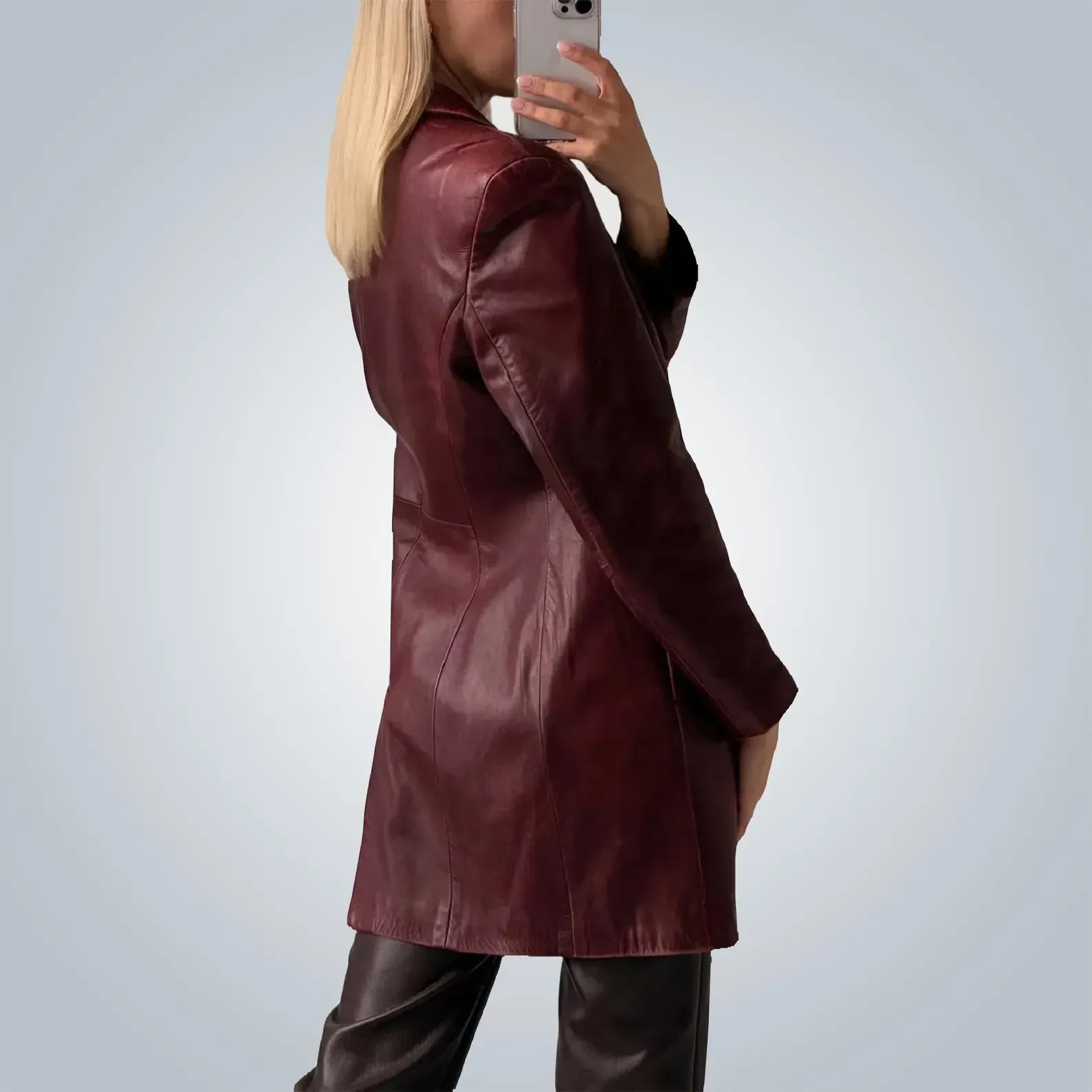 Burgundy Leather Trench Coat Womens Long Maroon Coat