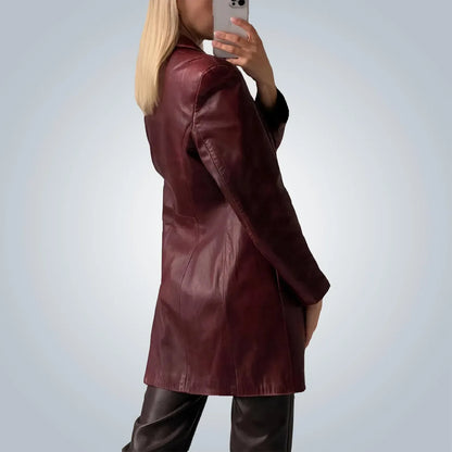 Burgundy Leather Trench Coat Womens Long Maroon Coat