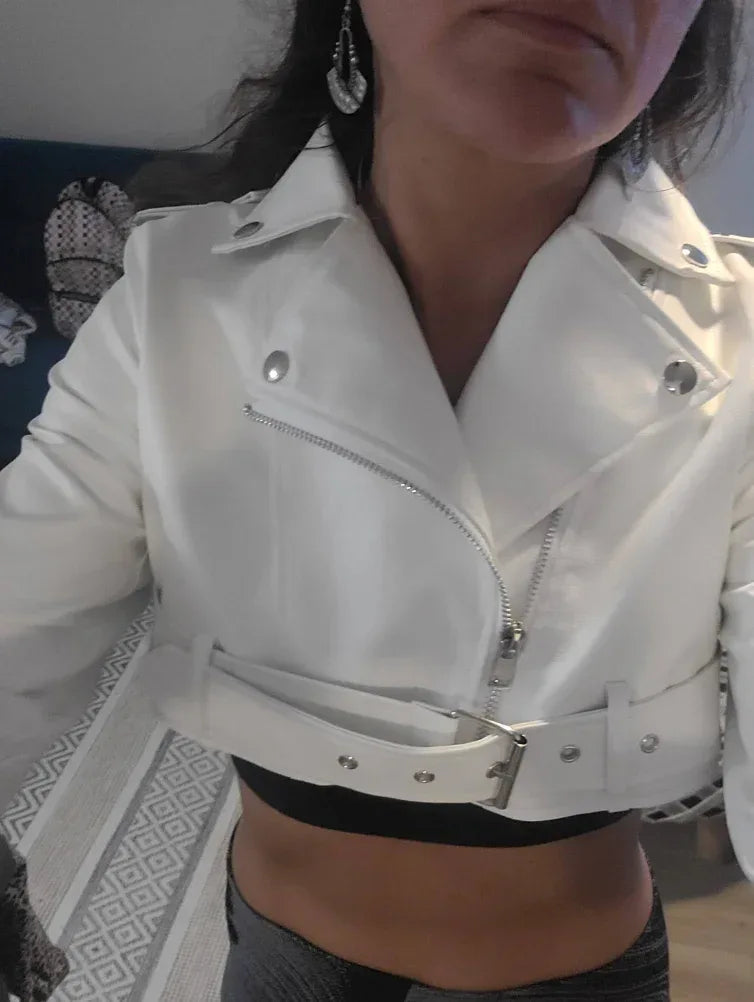 cropped faux leather moto jacket women biker