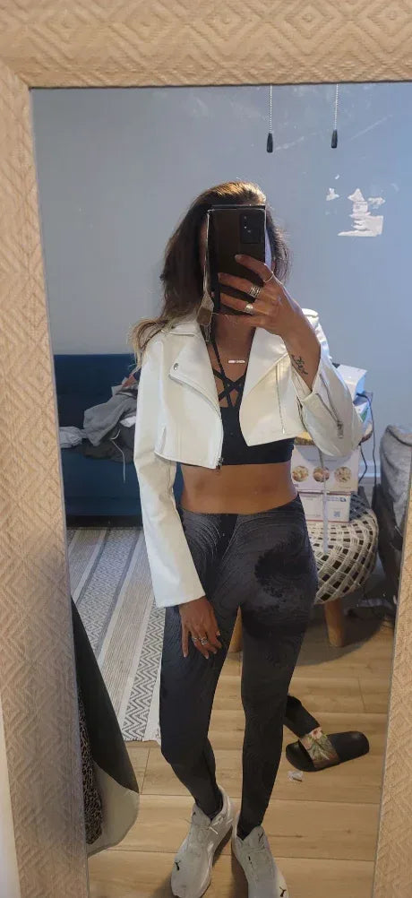 cropped faux leather moto jacket women biker