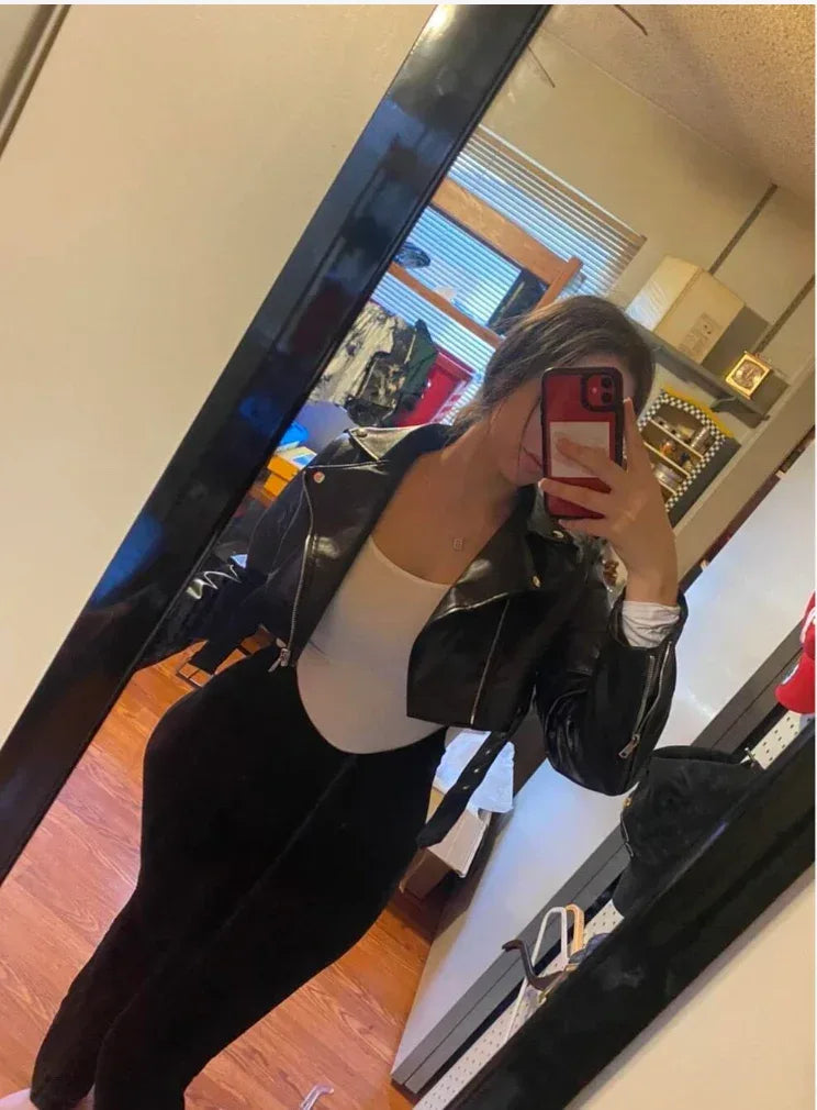 cropped faux leather moto jacket women biker