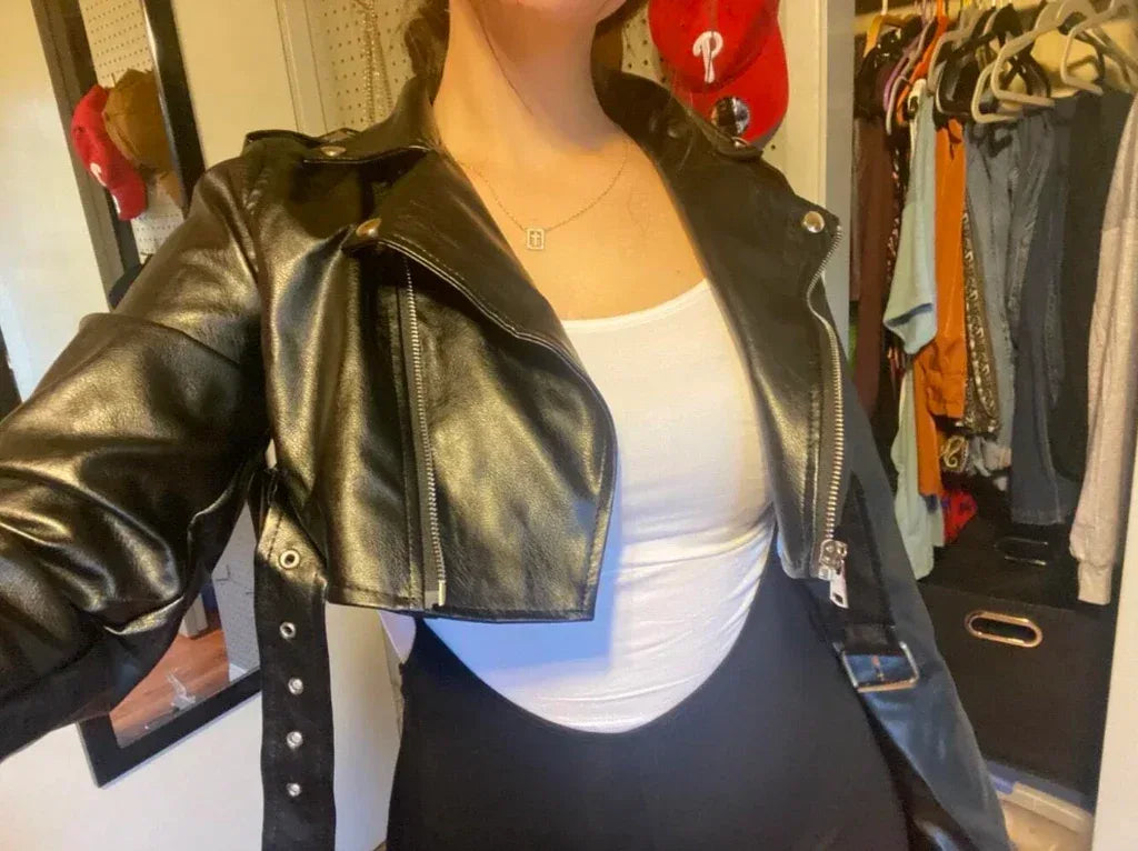 cropped faux leather moto jacket women biker