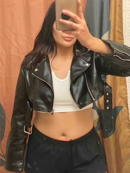 cropped faux leather moto jacket women biker Black XS