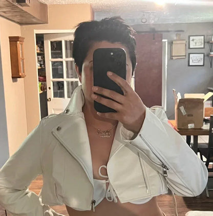cropped faux leather moto jacket women biker