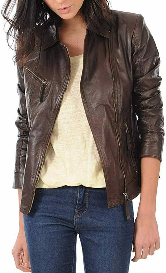 Womens Genuine Leather Slim Fit Jacket Brown Biker Jacket