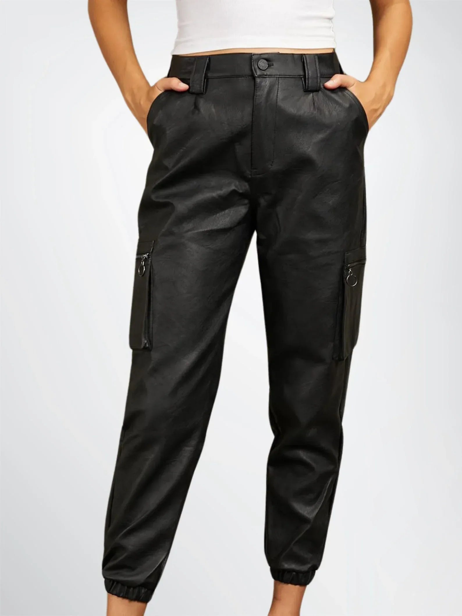 Womens Leather Cargo Pants – Black Sheepskin High Waist