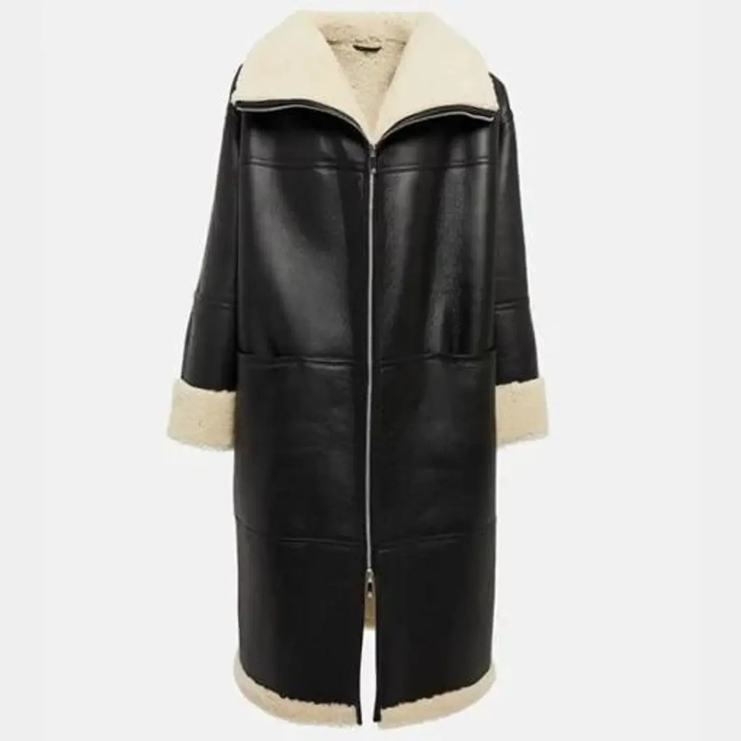 Leather Fur Trench Coat Womens Black Shearling Long Coat