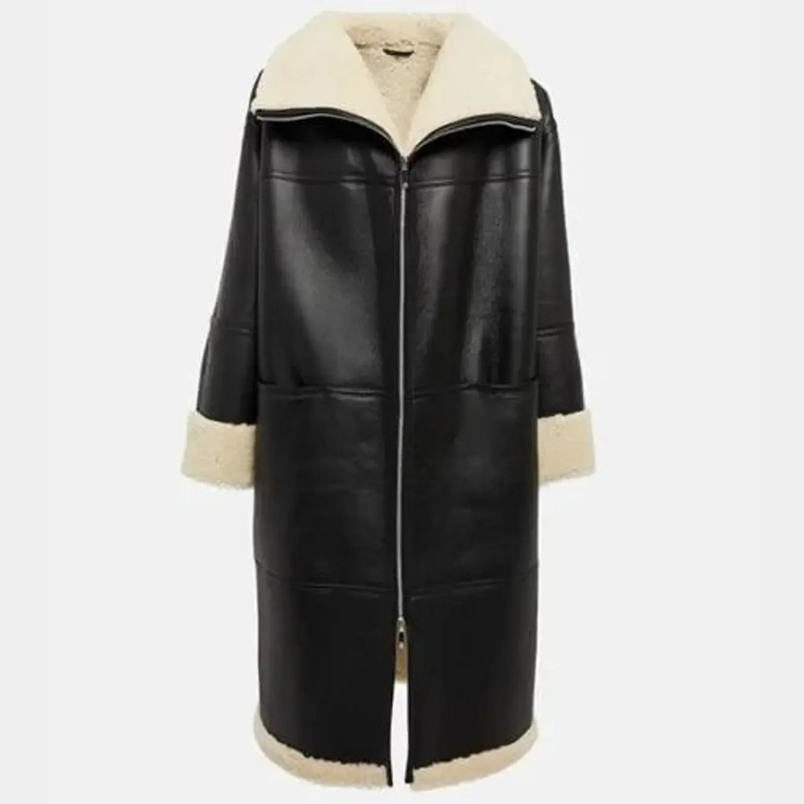 Leather Fur Trench Coat Womens Black Shearling Long Coat