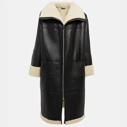 Leather Fur Trench Coat Womens Black Shearling Long Coat