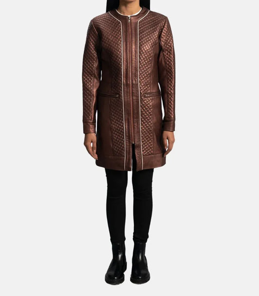 Womens Leather Long Coat Quilted Sheepskin Jacket With Zipper