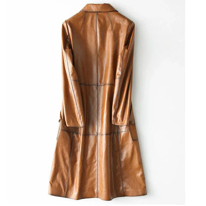 Brown Leather Trench Coat Womens Long Genuine Overcoat