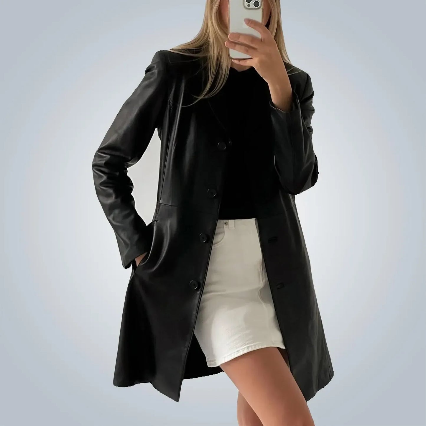 Black Leather Trench Coat Womens Mid Length Button Coat