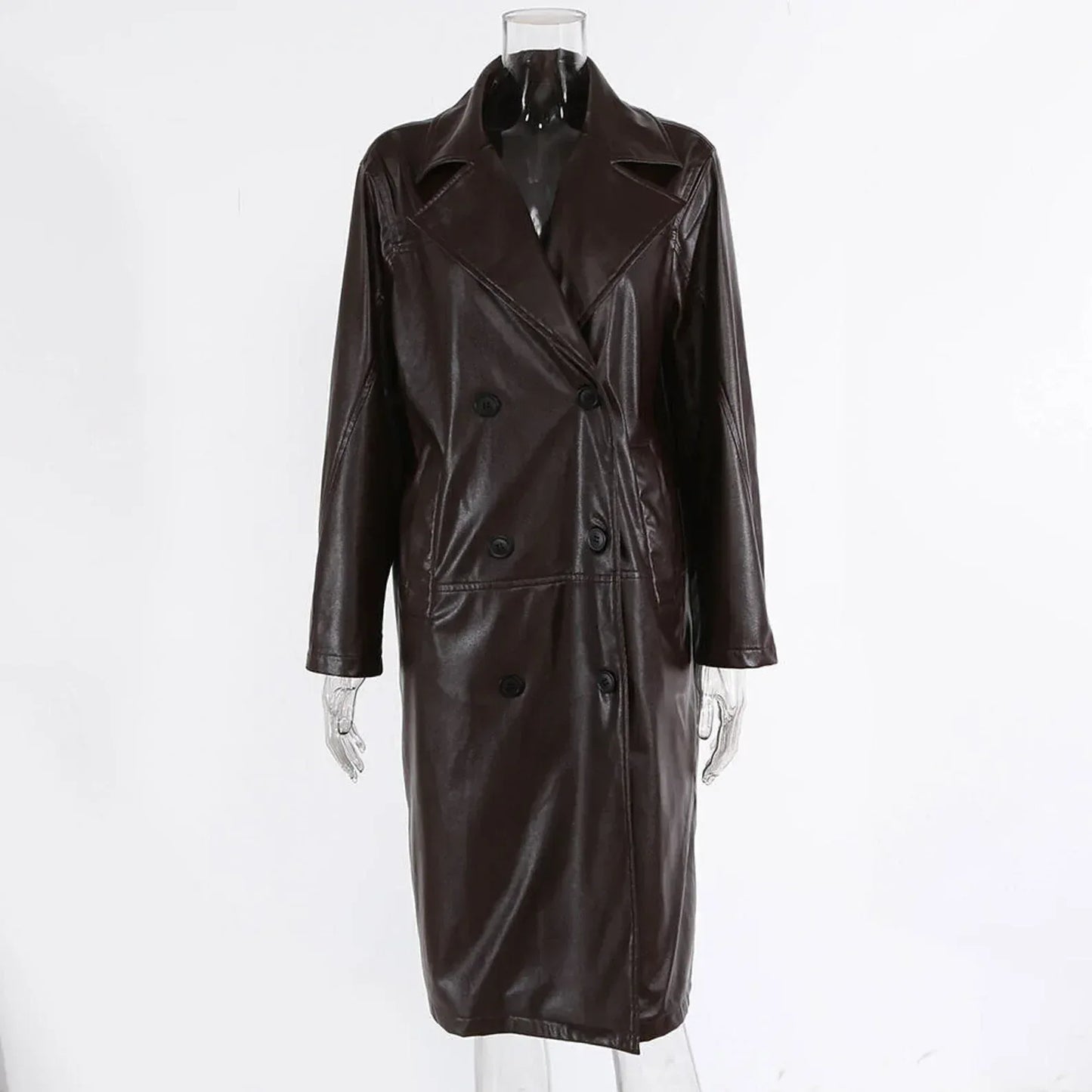 Womens Brown Leather Trench Coat Long Double Breasted