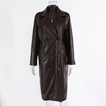 Womens Brown Leather Trench Coat Long Double Breasted