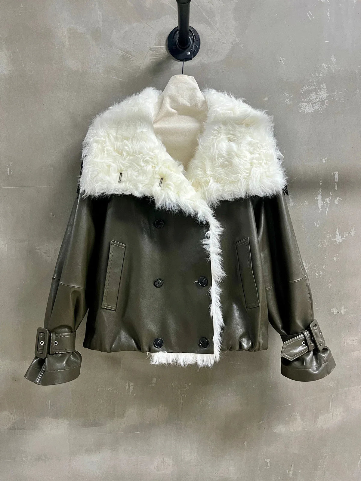Women's Olive Green Leather Jacket with Oversized Cream Plush Collar