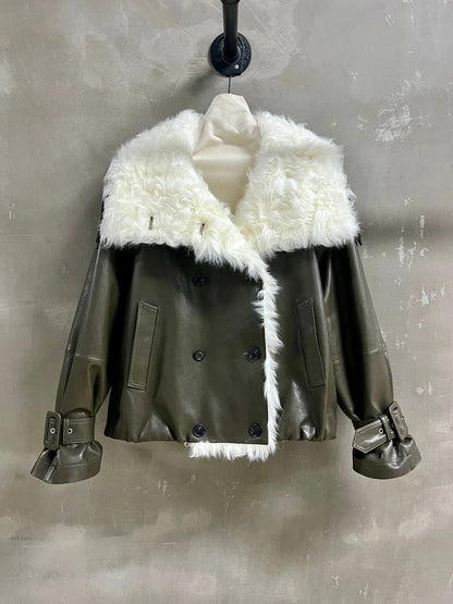 Women's Olive Green Leather Jacket with Oversized Cream Plush Collar