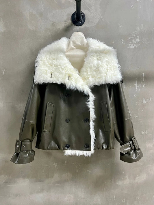Women's Olive Green Leather Jacket with Oversized Cream Plush Collar