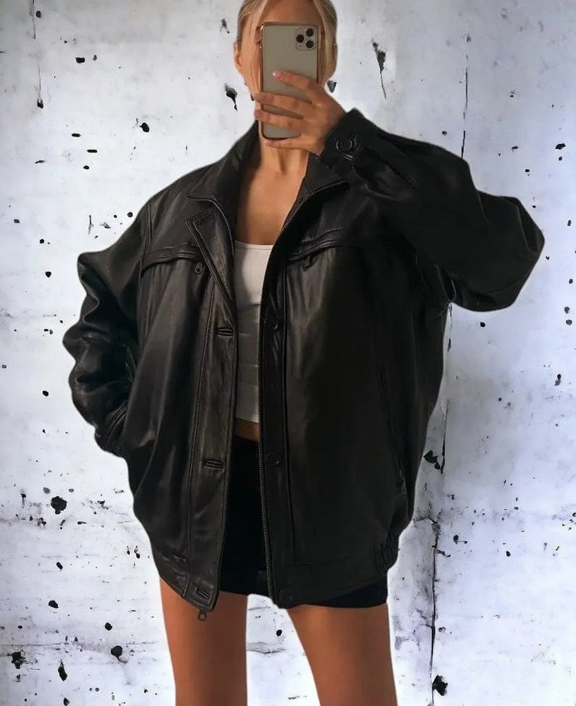 Womens Classic Oversized Biker Leather Jacket Black
