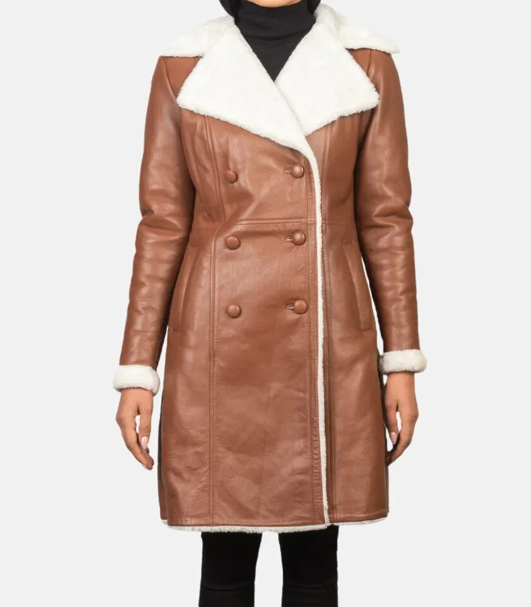 Womens Leather Long Coat Double Breasted Shearling Collar Jacket