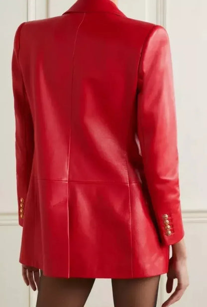 Red Leather Blazer Women Double Breasted Lambskin Jacket