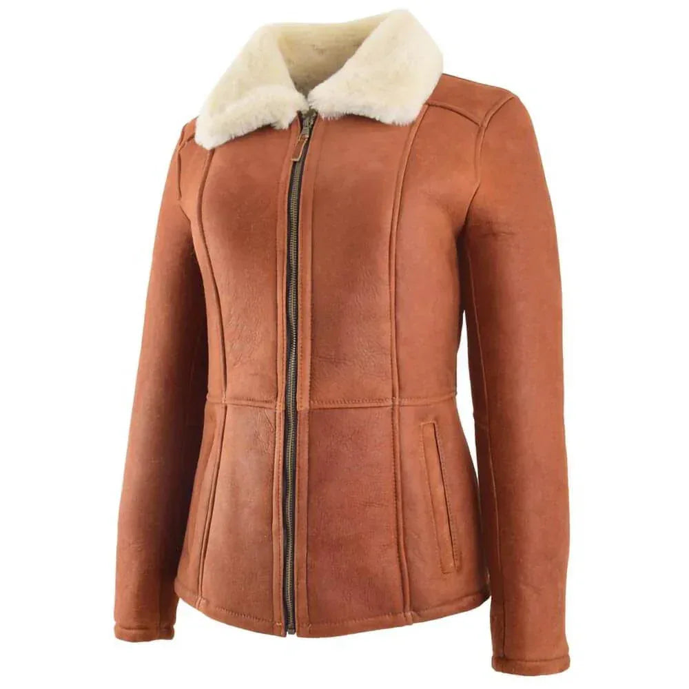 Women's Sheepskin Leather Jacket in Tan with Cream Plush Collar