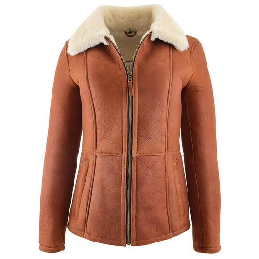 Women's Sheepskin Leather Jacket in Tan with Cream Plush Collar