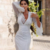 White print chiffon maxi dress with ruffle sleeves